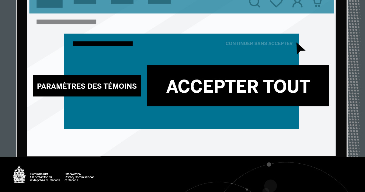 Une illustration d’un écran d’ordinateur montrant une page Web sur lequel deux boutons d’action sont visibles. Le bouton de gauche porte l’inscription « Paramètres des témoins » et le bouton de droite, beaucoup plus gros, porte l’inscription « Accepter tout. » Une ligne de texte presque invisible offre une troisième option : « Continuer sans accepter. »